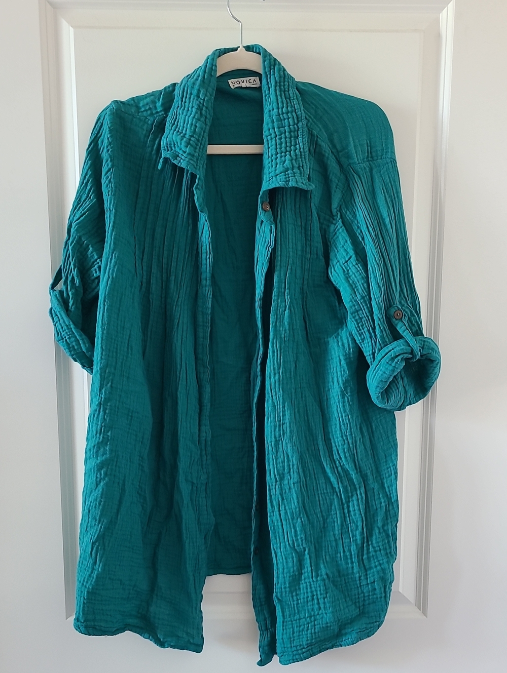 NOVICA "Sea Green Pintucks" Cotton Gauze Tunic Shirt 100% Cotton